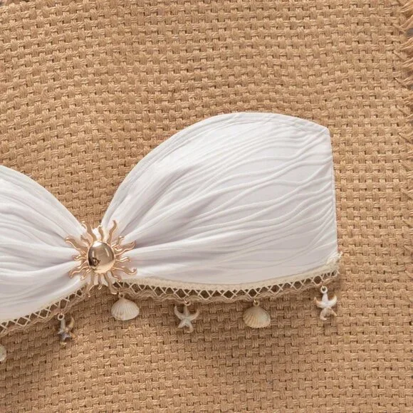 White Minimalist Women's Bikini Top with Ocean Starfish Shell Pendant - Picture 5 of 6